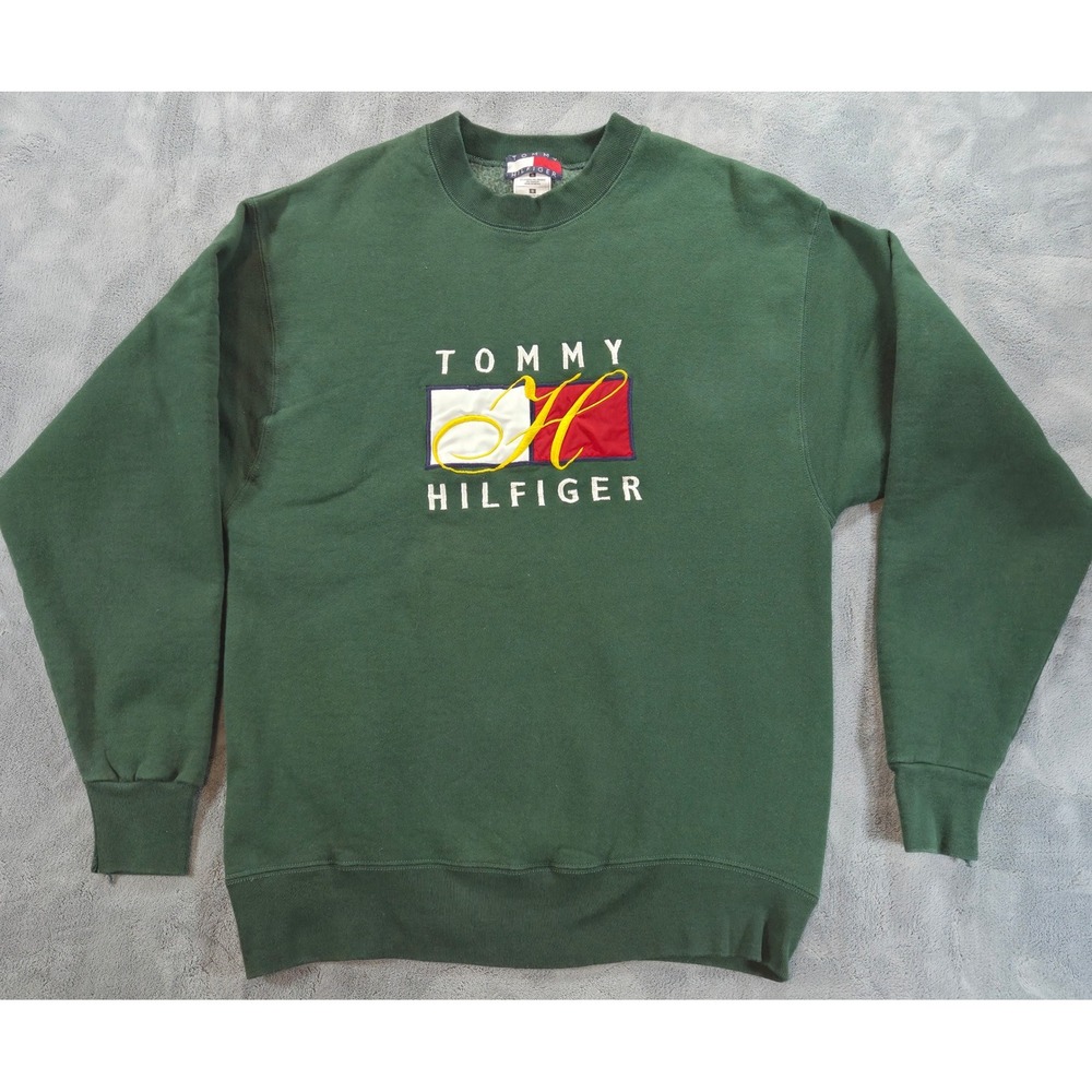 Vintage Tommy Hilfiger Crewneck Sweatshirt Embroidered Logo Pullover Large Green
